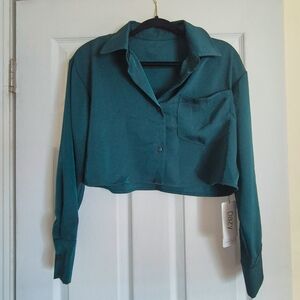 Teal Green Cropped Button-Up Shirt